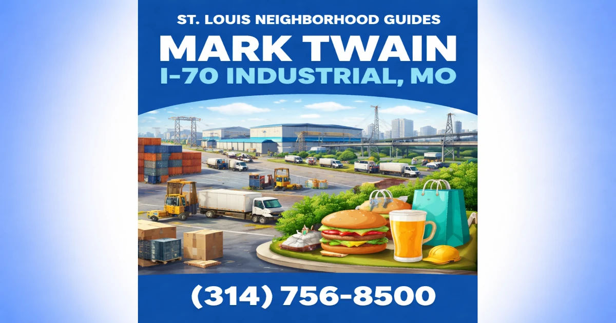 Aerial-style overview of the Mark Twain / I-70 Industrial corridor in north St. Louis, Missouri — the logistics-and-freight district anchored by the Union 70 Center along Interstate 70 and Natural Bridge Road
