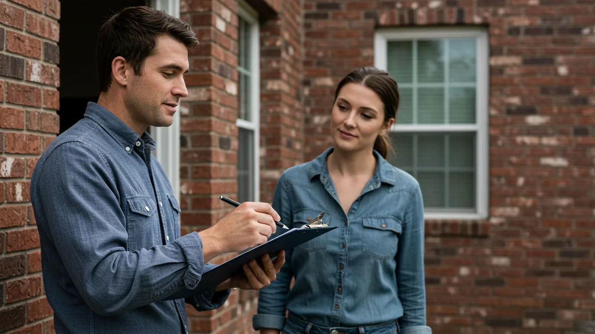 A home-repair contractor consulting a homeowner outside a brick house