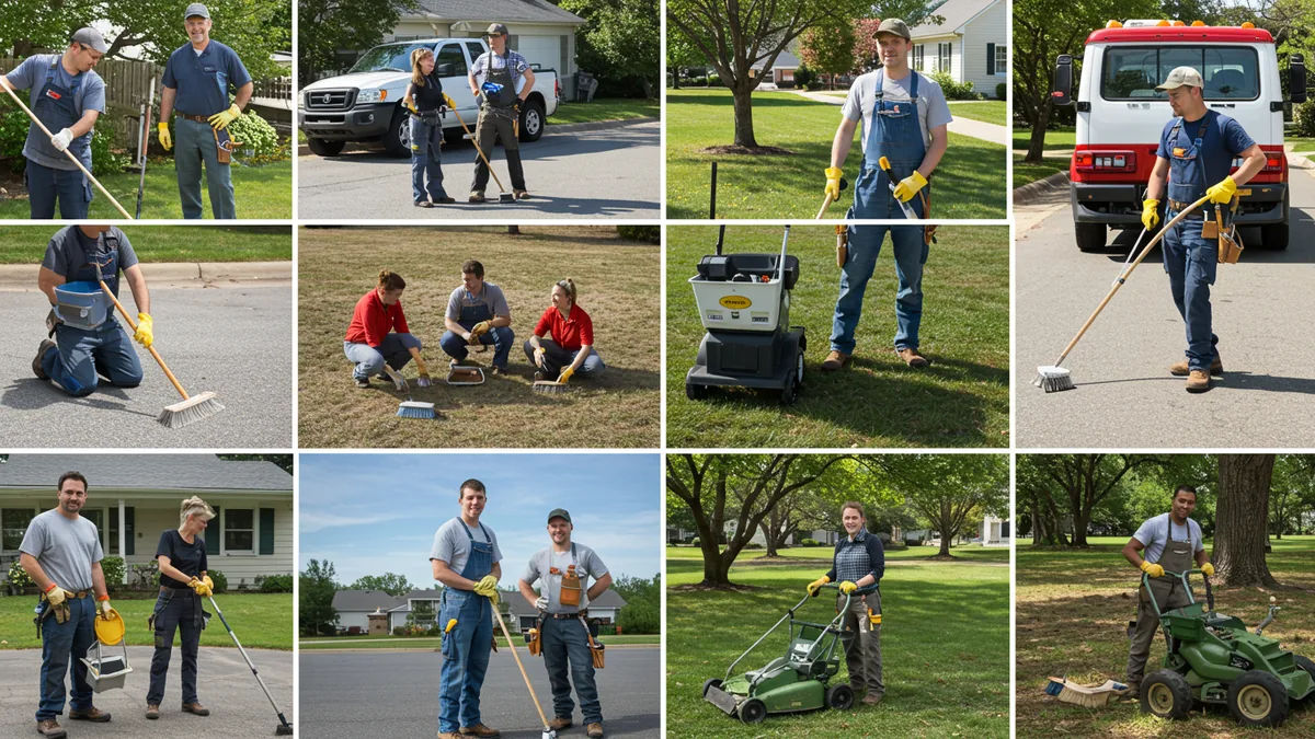 Local service professionals at work, cleaning, handyman and lawn care