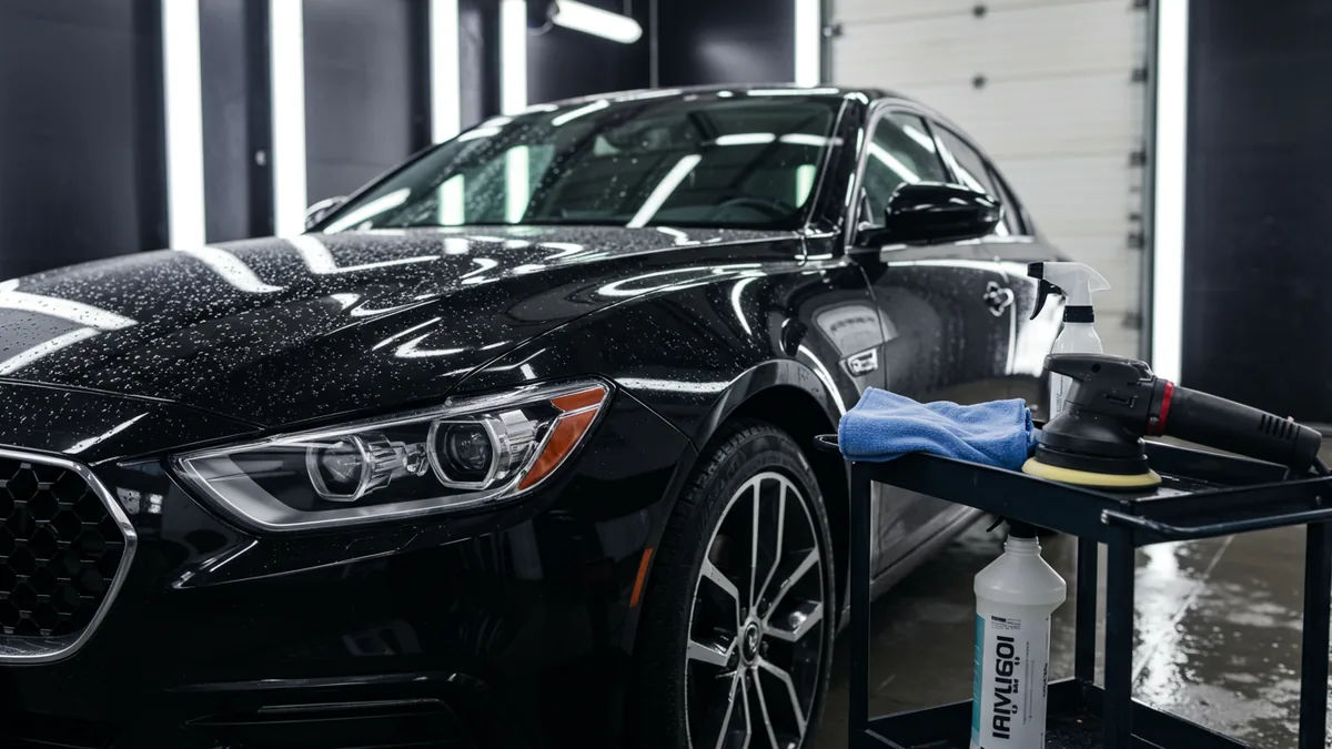 A glossy car being hand-detailed in a St. Louis garage bay