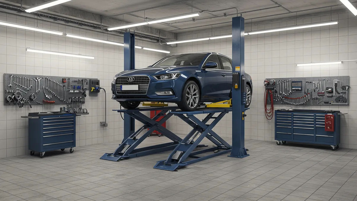 Mechanic working on car engine parts in workshop.