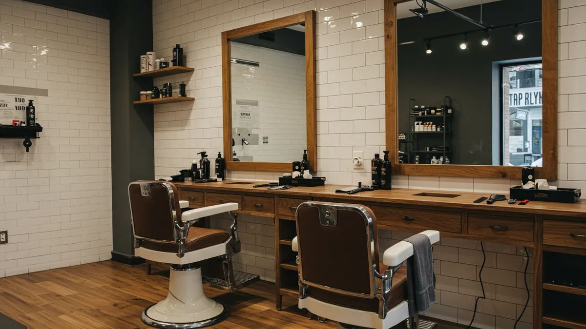 A classic barber chair and mirror inside a South City St. Louis barbershop