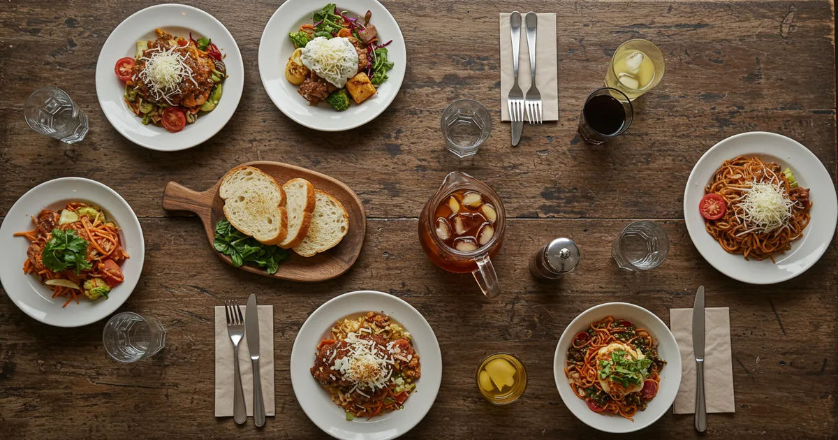Shared table of dishes at a St. Louis restaurant