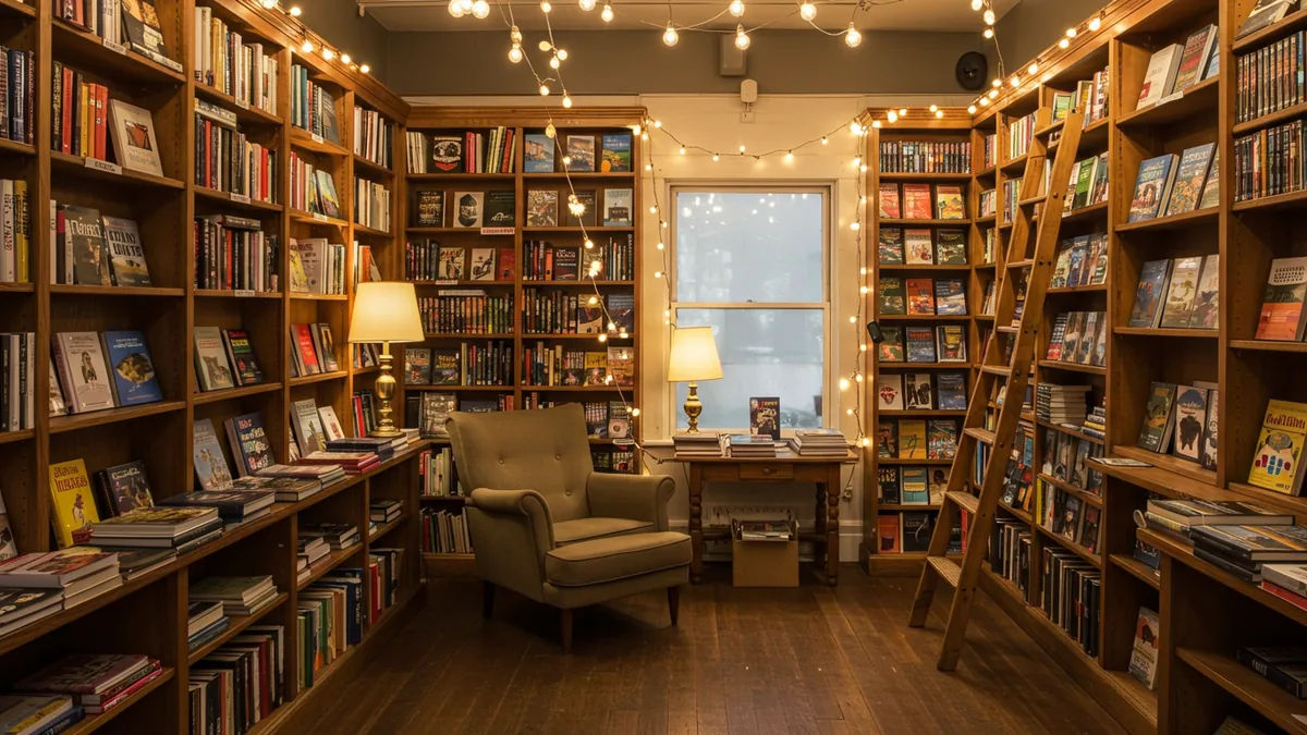 Shelves of books inside a cozy independent St. Louis bookstore