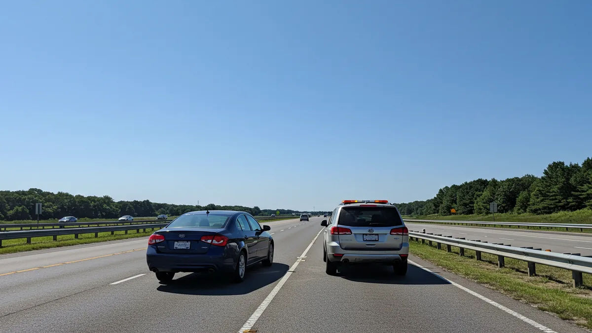 Two cars pulled to the shoulder with hazard lights after a minor accident in St. Louis