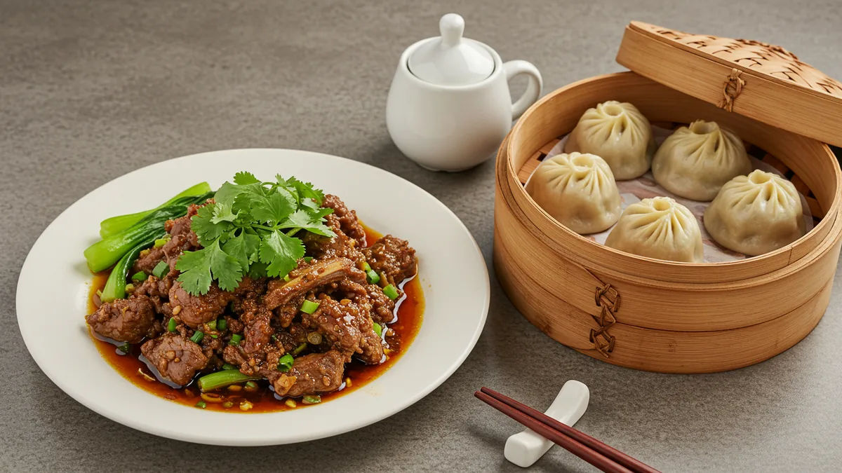 Steaming northeastern Chinese pork dumplings and cumin lamb