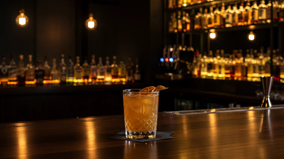 A craft cocktail on a dark bar in a moody St. Louis lounge