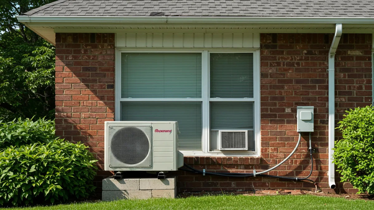 A residential window air-conditioning unit on a brick home in summer