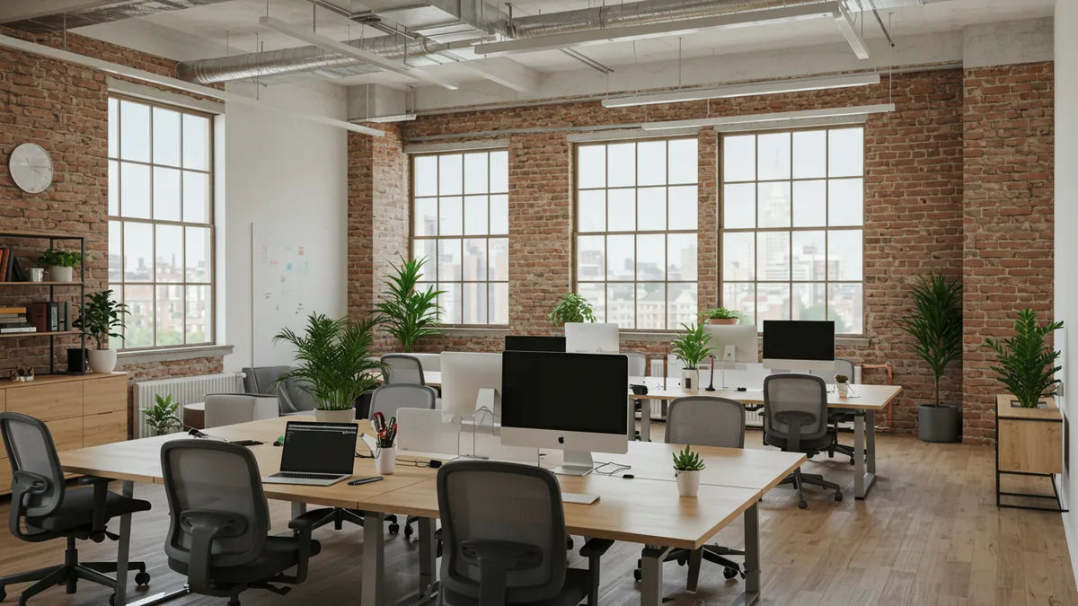 A bright St. Louis coworking space with people working at shared desks