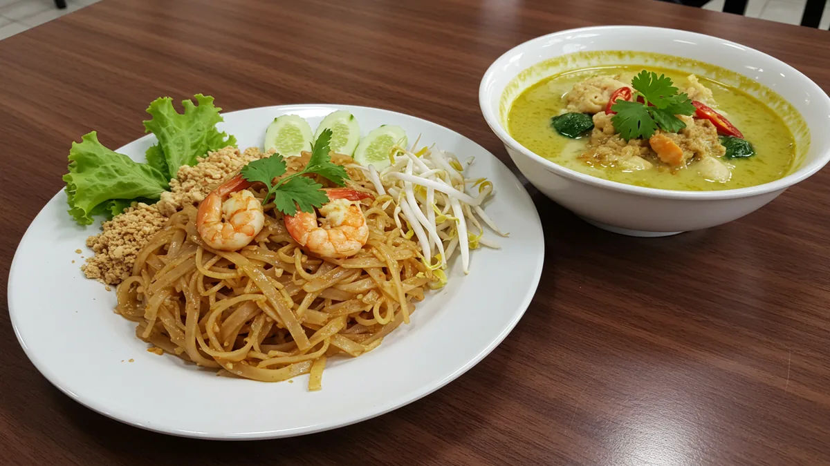 A plate of authentic Thai pad thai noodles and a bowl of green curry