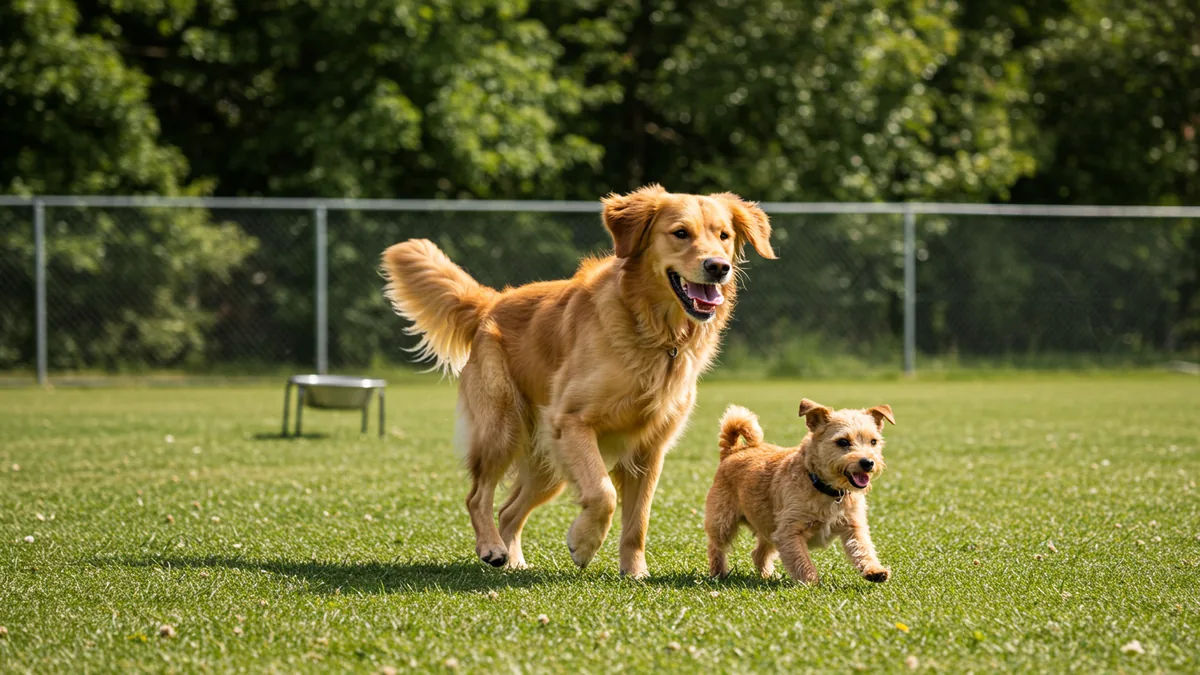 Dogs running and playing at a fenced St. Louis dog park