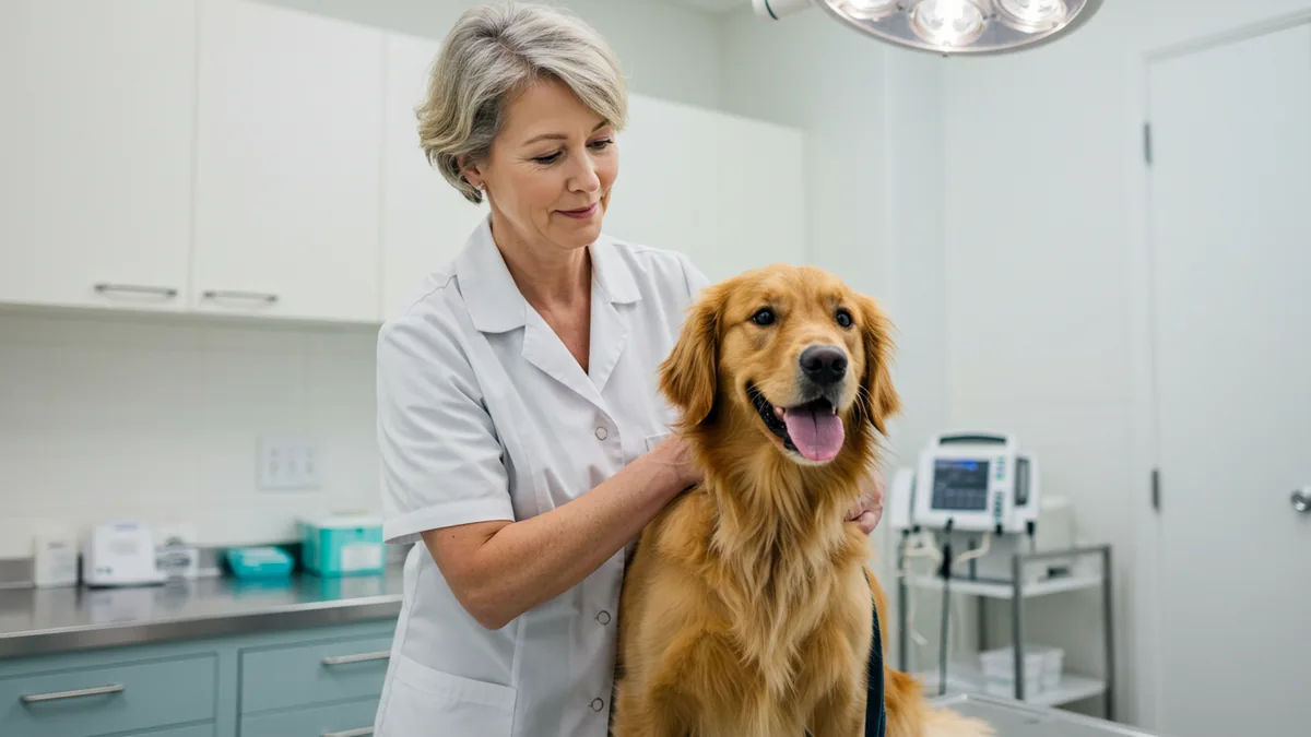 Worried owner with distressed dog at emergency vet clinic.