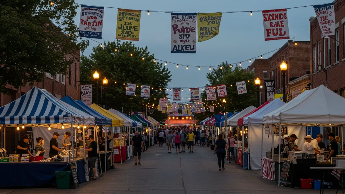 A lively outdoor St. Louis street festival with banners and food stalls