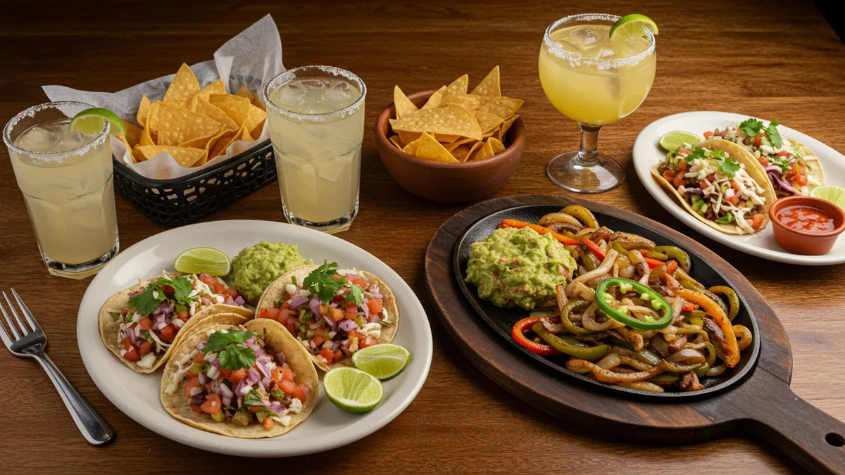 a vibrant Mexican cantina spread of street tacos, sizzling fajitas, guacamole and margaritas on a table Editorial photograph, natural lighting, realistic, high quality. No text, no
