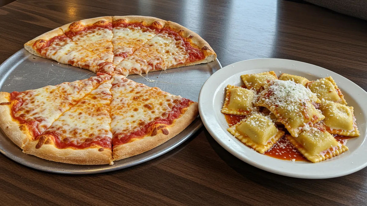a St. Louis-style thin-crust pizza and a plate of toasted ravioli, Italian-American food, on a table Editorial photograph, natural lighting, realistic, high quality. No text, no wo
