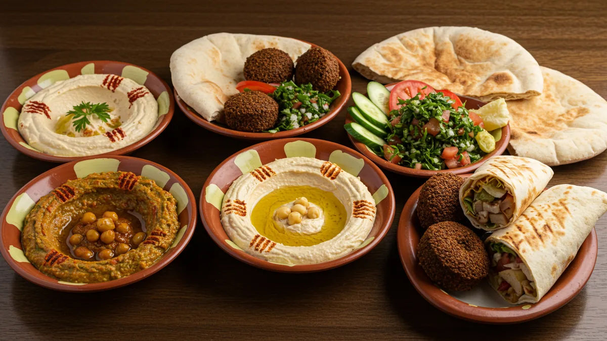 A Middle Eastern mezze spread with hummus, falafel and warm pita bread