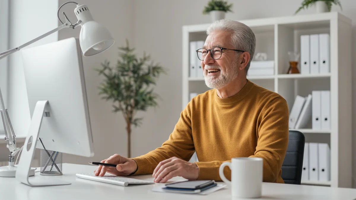 A cheerful senior adult working capably in a bright modern workplace
