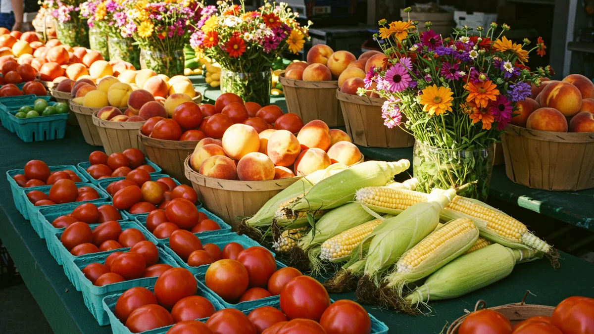 Fresh produce on display at a St. Louis metro farmers market on a summer morning