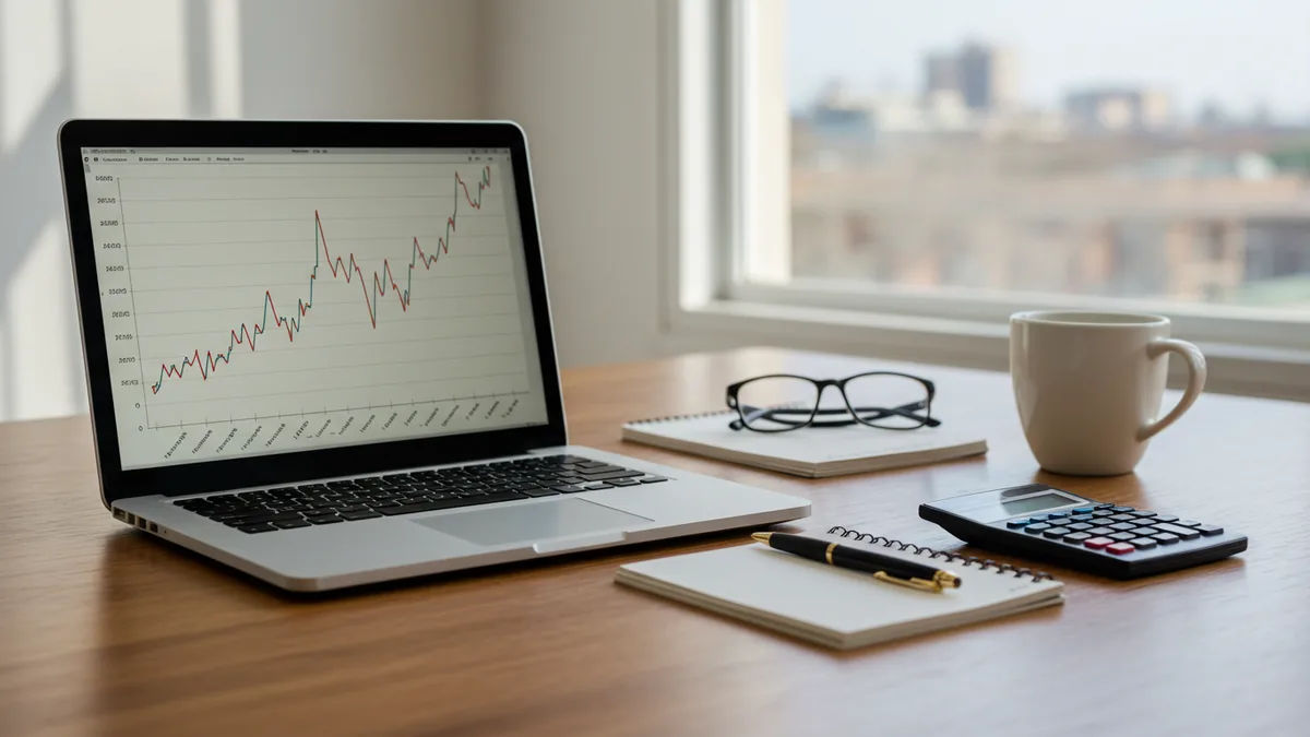 A financial planning desk with a laptop chart, notepad, and calculator