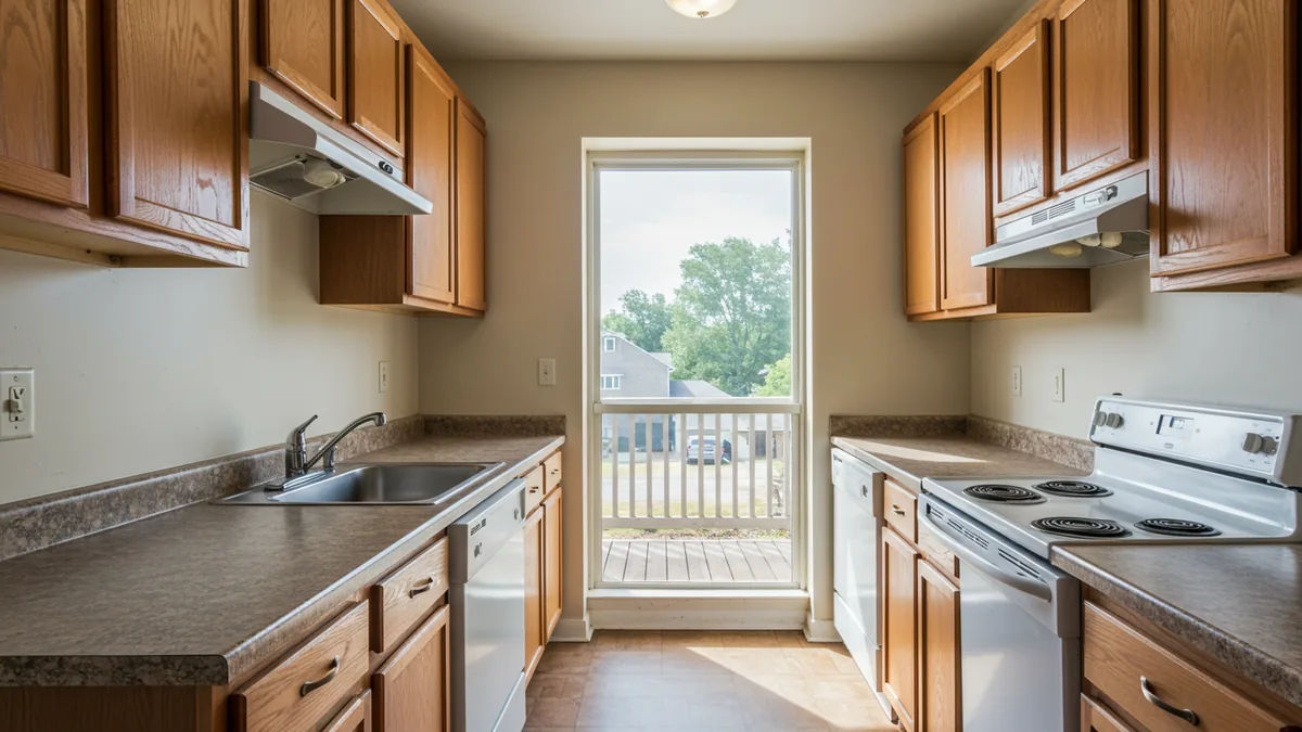 The interior of a clean, comfortable affordable apartment kitchen with warm sunlight