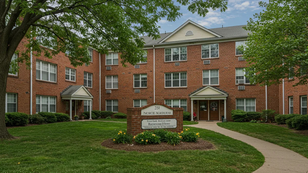A well-maintained brick apartment building with a green courtyard in a St. Louis neighborhood
