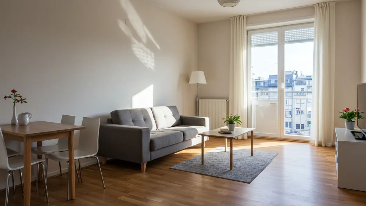 The interior of a clean, welcoming modest apartment living room with warm sunlight