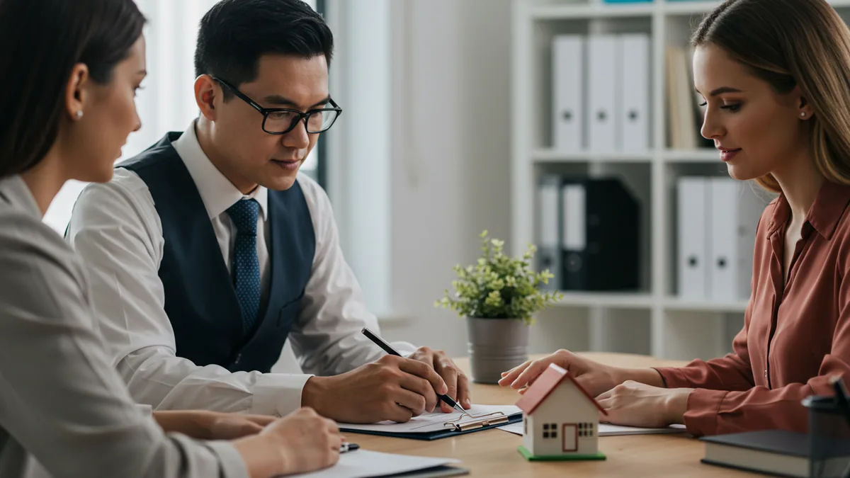 A caseworker reviewing housing paperwork with an applicant at a desk