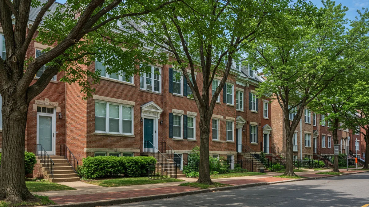 a row of well-kept brick apartment buildings on a tree-lined St. Louis street on a sunny day Editorial photograph, natural lighting, realistic, high quality. No text, no words, no 