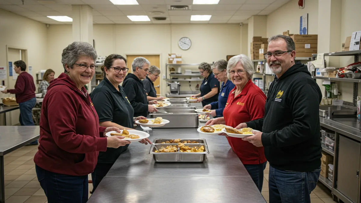 volunteers serving warm meals to community members at a bright community kitchen, welcoming atmosphere Editorial photograph, natural lighting, realistic, high quality. No text, no 