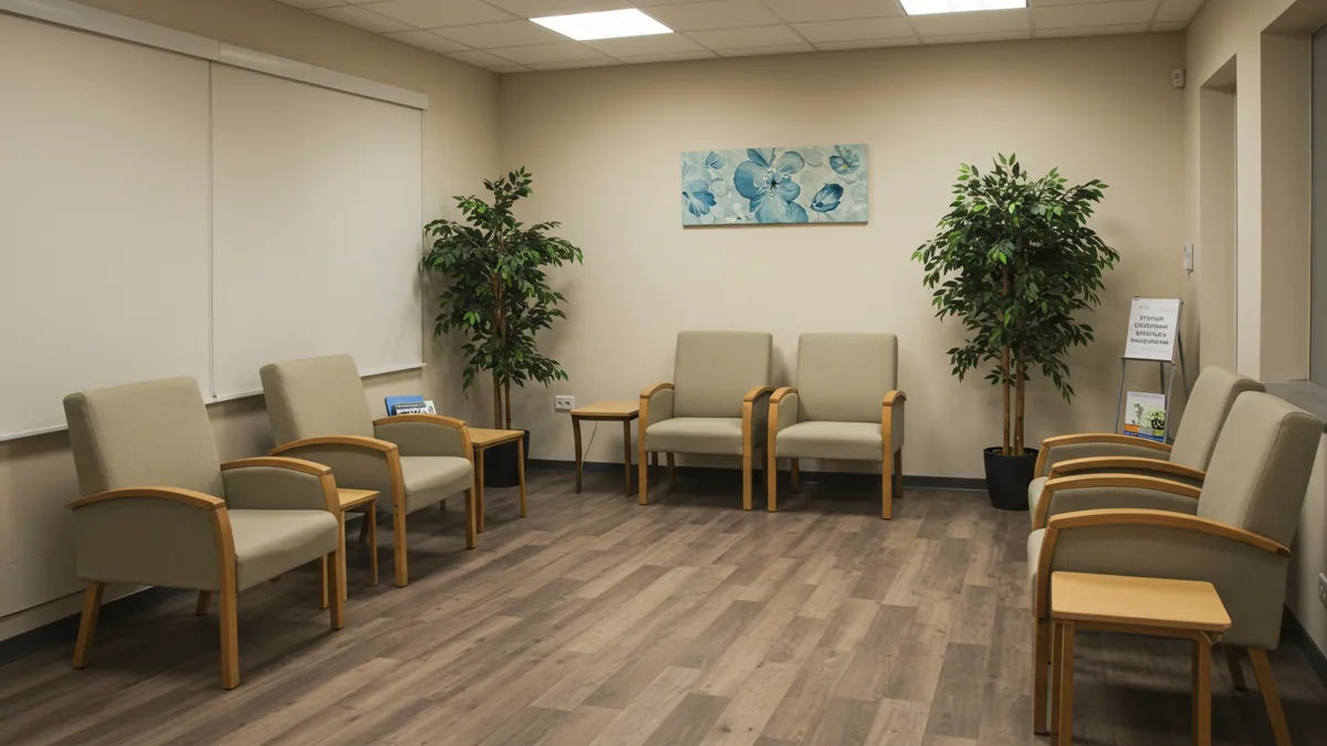 A warm, safe, welcoming community support center sitting room with comfortable seating and soft light