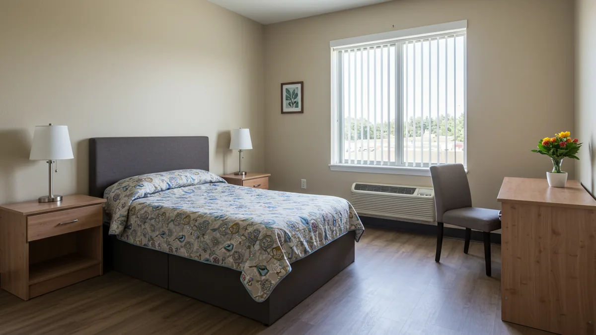 A warm, comfortable furnished bedroom in a supportive housing facility, clean and hopeful