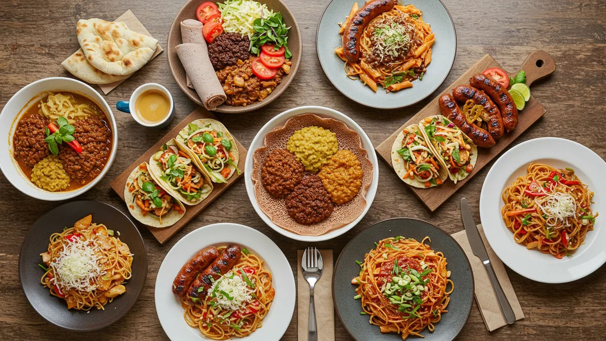 A spread of diverse global cuisine dishes representing St. Louis food culture