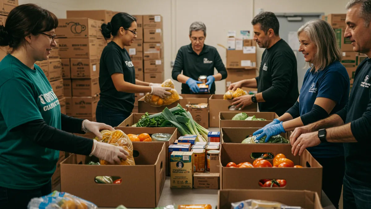 Volunteers organizing boxes of groceries at a community food pantry