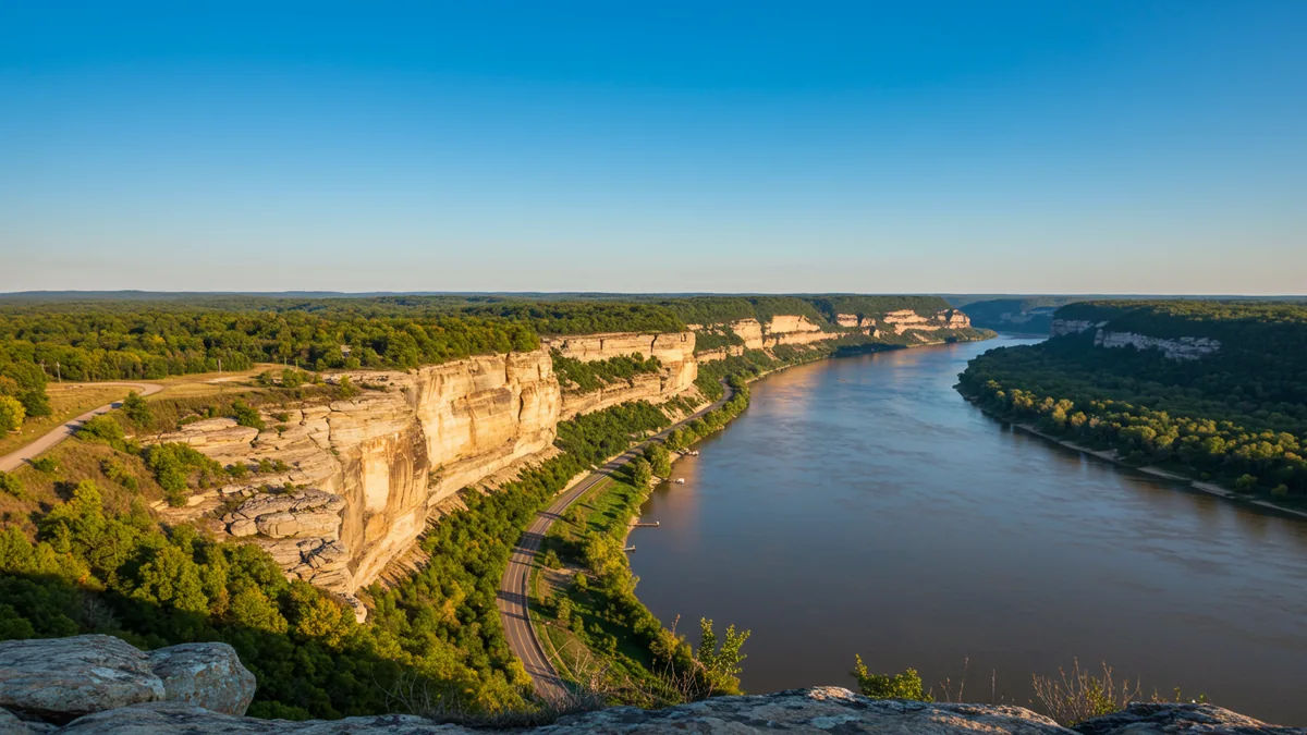 Limestone bluffs rising over the Mississippi River along the Great River Road near Grafton, Illinois