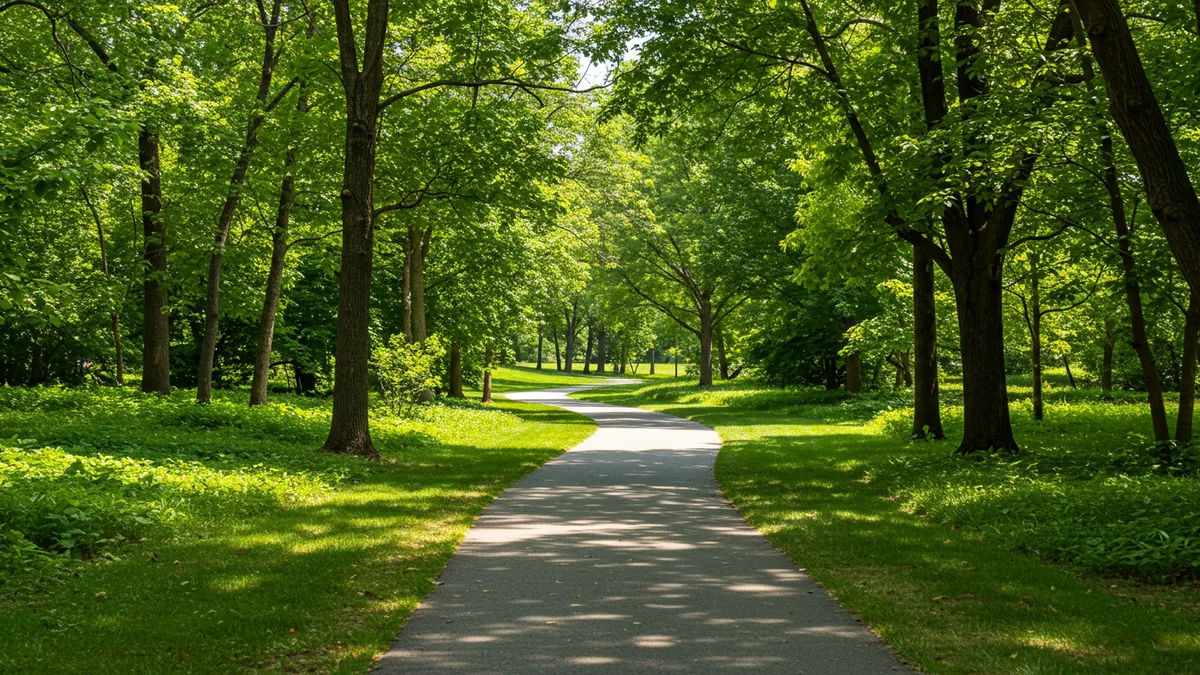 A family walking a paved, tree-lined trail in a St. Louis park on a sunny day