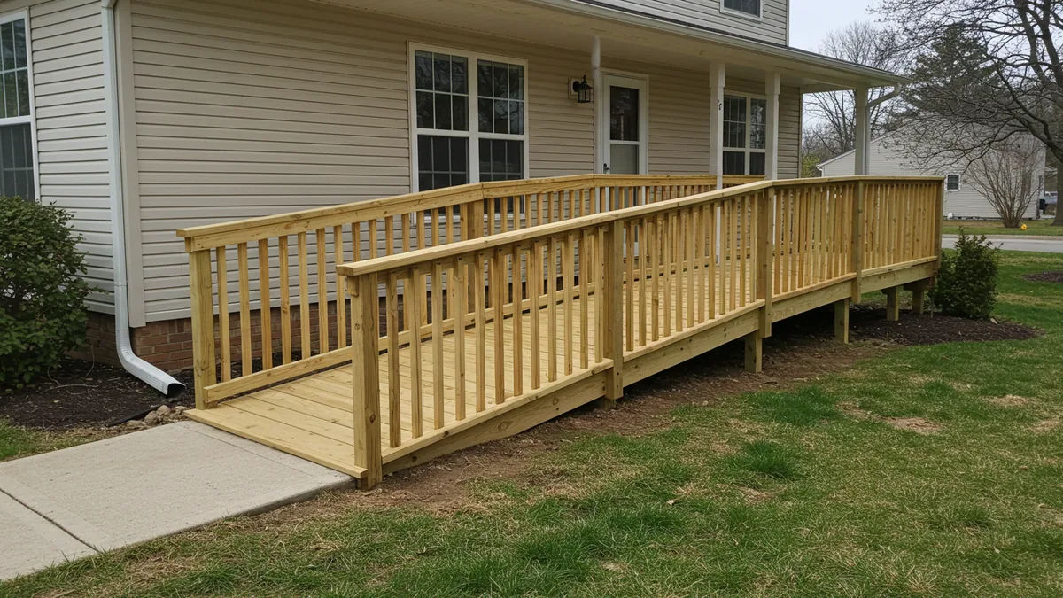 A newly built wheelchair accessibility ramp on a home