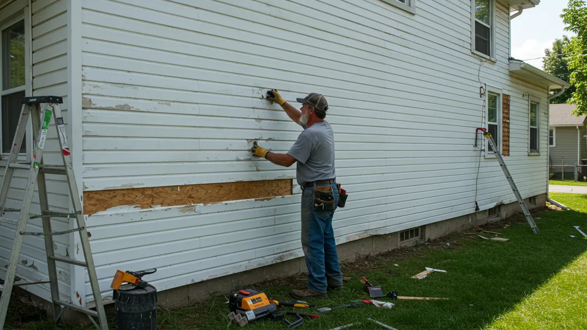 two men on ladders against an exterior wall