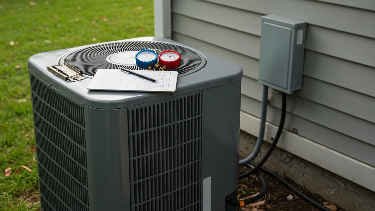 A home air conditioning unit with an inspection clipboard resting on top for an estimate