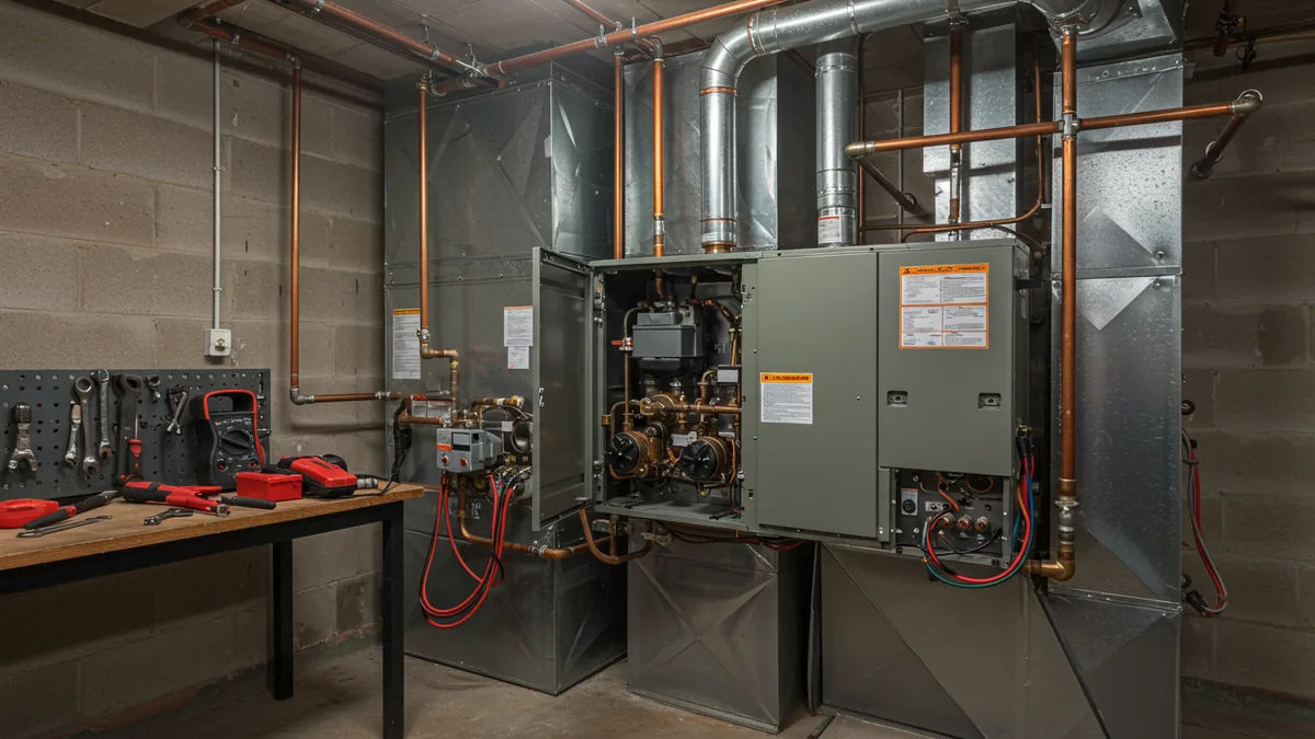 A residential furnace and air handler in a St. Louis basement being serviced