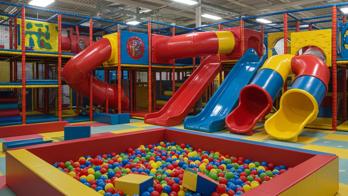 Children playing at a colorful indoor play area in St. Louis on a rainy day