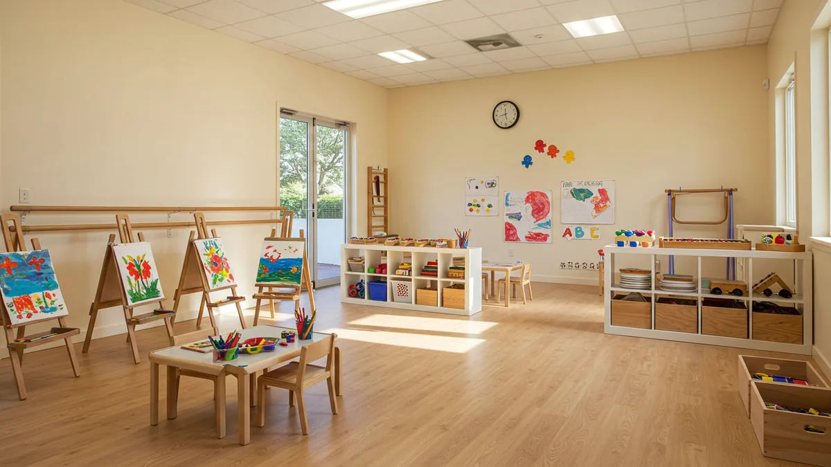A bright St. Louis kids arts studio with instruments art supplies and a dance corner