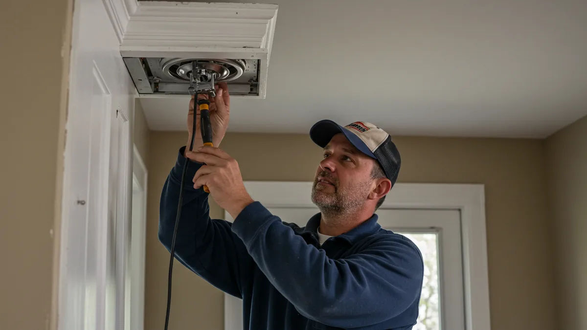 a friendly handyman repairing a fixture inside a bright St. Louis home Editorial photograph, natural lighting, realistic, high quality. No text, no words, no letters, no watermark,