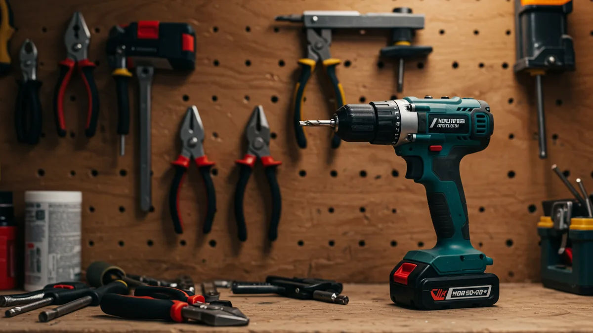 a neatly organized set of hand tools and a cordless drill on a home workbench Editorial photograph, natural lighting, realistic, high quality. No text, no words, no letters, no wat