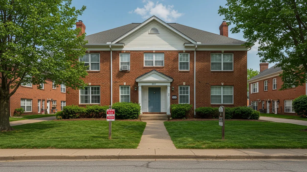 a welcoming, tidy brick apartment building with a green lawn in a St. Louis neighborhood Editorial photograph, natural lighting, realistic, high quality. No text, no words, no lett