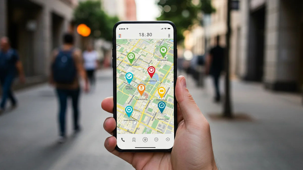 A smartphone on a sidewalk showing a local map with nearby-business pins