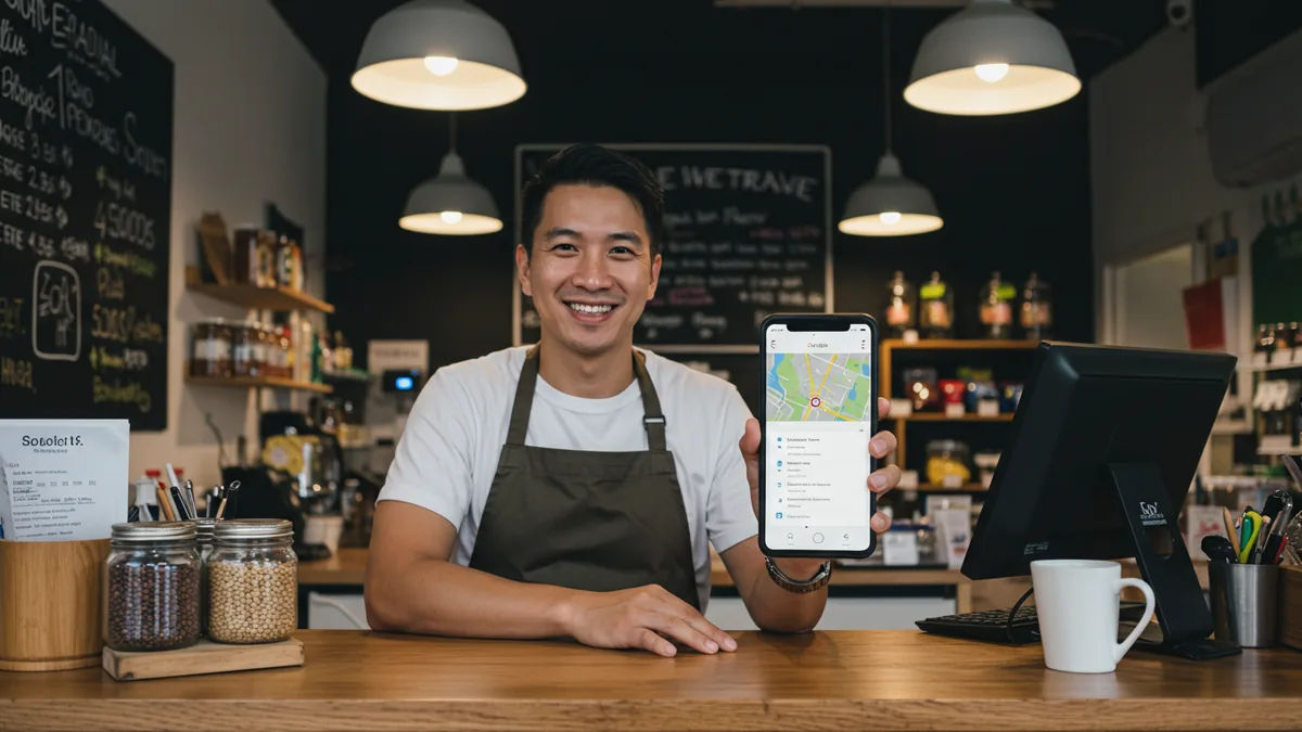 a small-business owner smiling behind the counter of their shop while a smartphone shows local map search results Editorial photograph, natural lighting, realistic, high quality. N