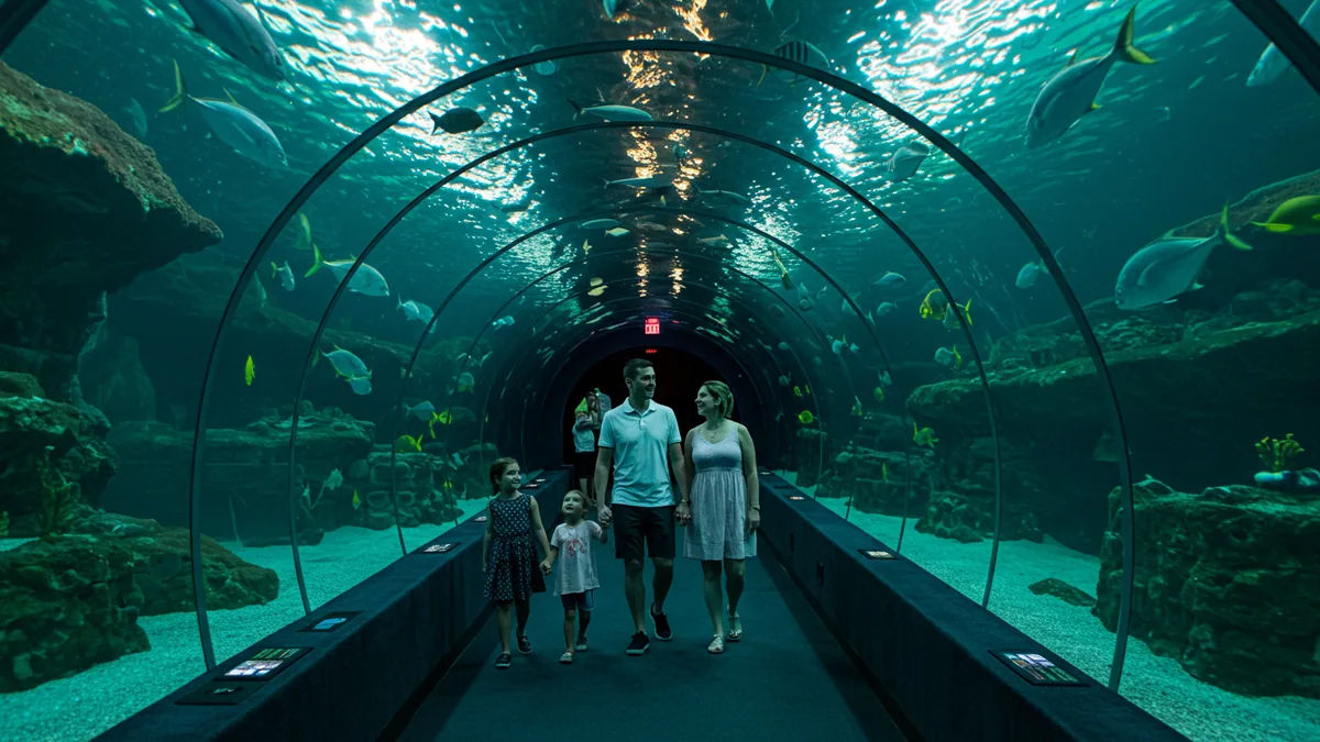 a family walking through a glowing underwater aquarium tunnel surrounded by fish Editorial photograph, natural lighting, realistic, high quality. No text, no words, no letters, no 