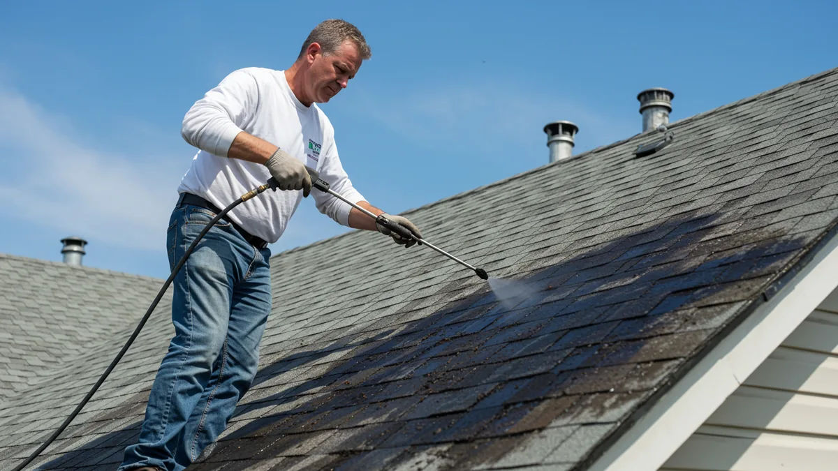A worker soft-washing black algae streaks off a St. Louis asphalt shingle roof