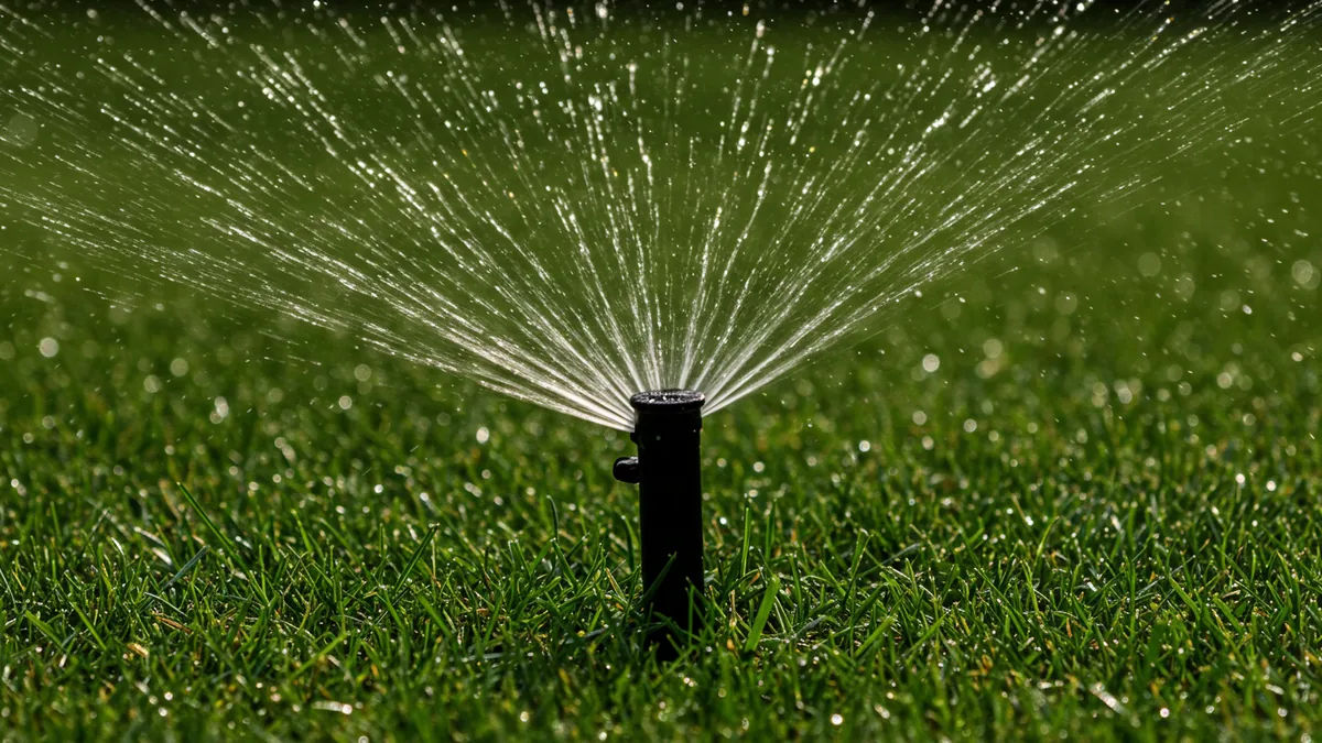 A pop-up lawn sprinkler head watering a green St. Louis lawn