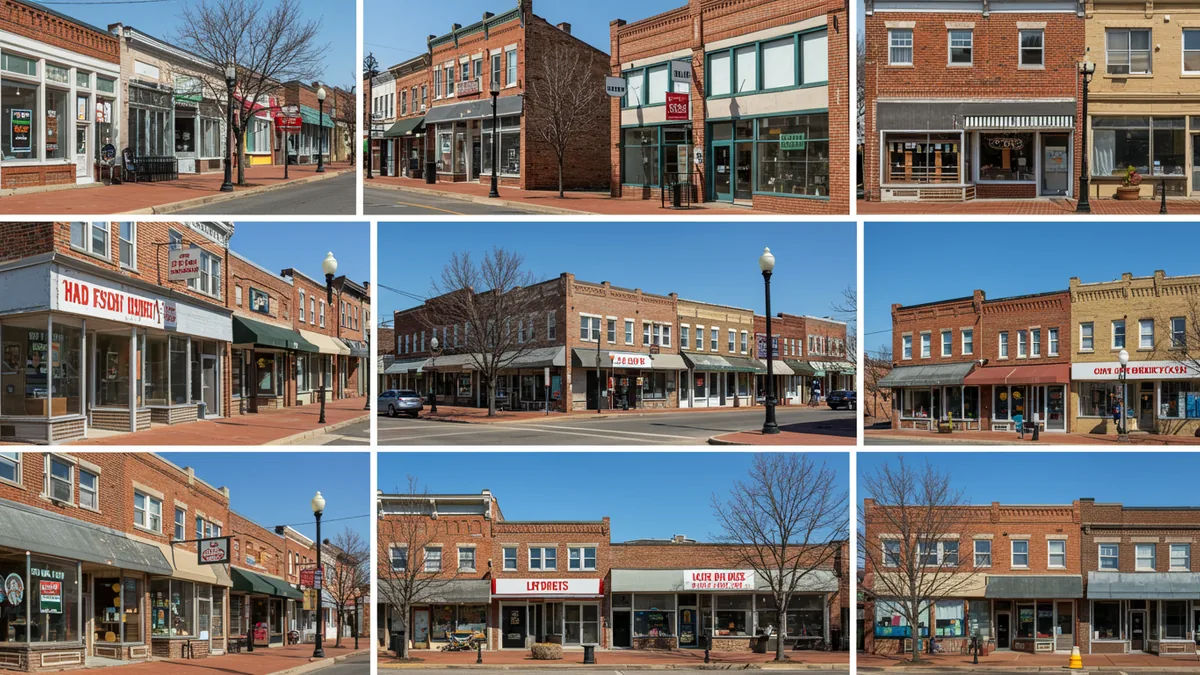a bright collage-style street of diverse locally owned St. Louis storefronts on a sunny day Editorial photograph, natural lighting, realistic, high quality. No text, no words, no l